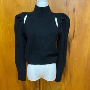 NWT Black Ribbed Knit Mock Turtleneck Sweater Puff Sleeves “Shrug” Fun Fall City